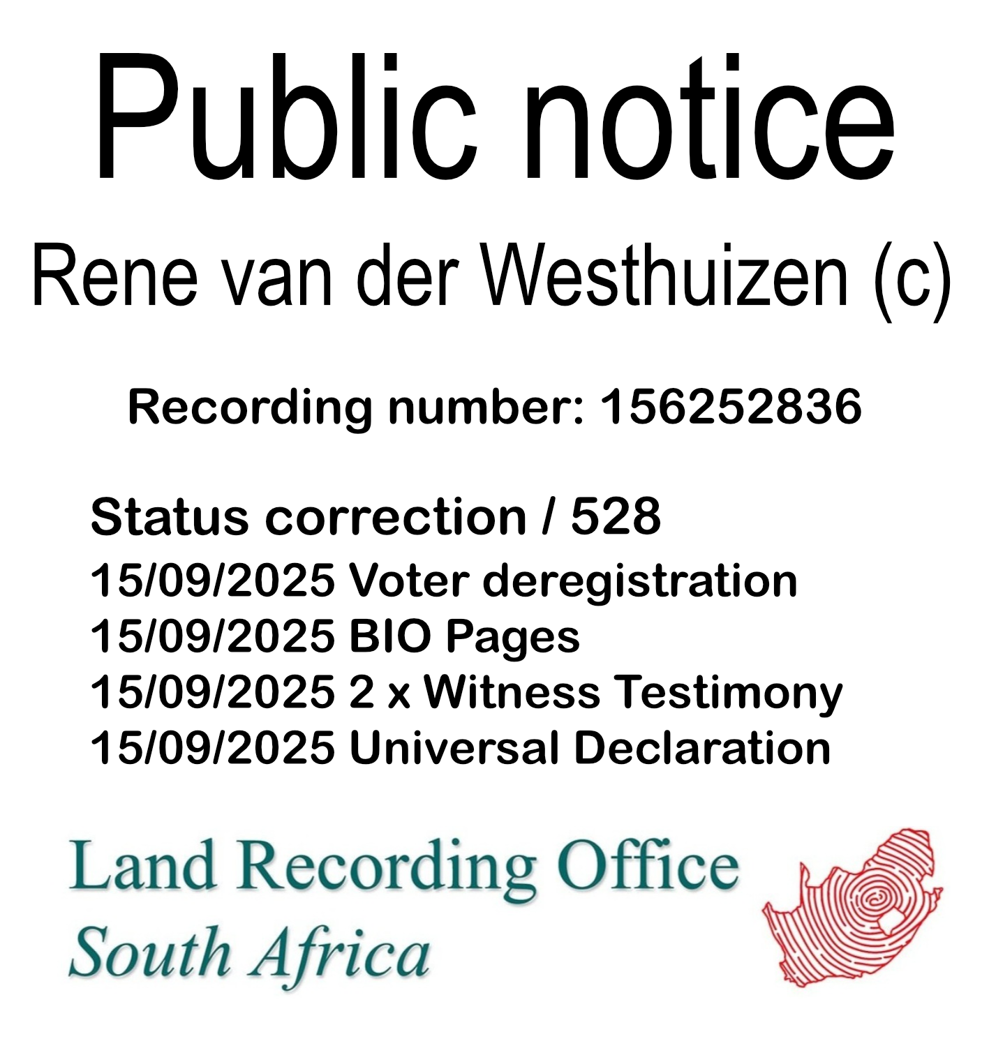 Public notice Rene van der Westhuizen Recording number 156252836
